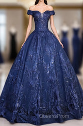 Navy Blue Ball Gown Long Formal Dress, Off Shoulder Navy Blue Party Dress