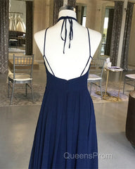 Navy Blue Chiffon Backless Bridesmaid Long Dress Lace Appliques