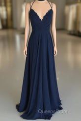 Navy Blue Chiffon Backless Bridesmaid Long Dress Lace Appliques