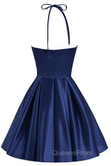 Navy Blue Cute Halter Satin Short Homecoming Dress, Blue Evening Prom Dress Party Dress
