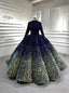 Navy Blue Green Sequins Long Sleeve Prom Dress