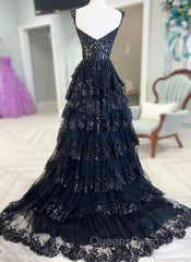 Navy Blue Lace And Tulle Sweetheart Long Formal Dress, Navy Blue Evening Prom Dress