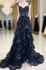 Navy Blue Lace And Tulle Sweetheart Long Formal Dress, Navy Blue Evening Prom Dress