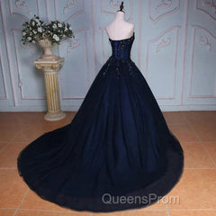 Navy Blue Lace Applique Tulle Long Party Dress Formal Gown Off Shoulder Floor Length Evening Prom Dress