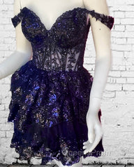 Navy Blue Lace Ruffle Homecoming Dress