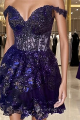 Navy Blue Lace Ruffle Homecoming Dress