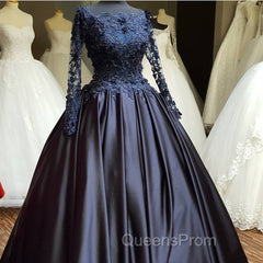 Navy Blue Long Sleeve Evening Prom Dress Appliques Beaded Ball Gown