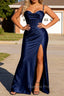 Navy Blue Mermaid Spaghetti Straps Corset Prom Dress with Split Front