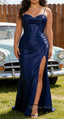 Navy Blue Mermaid Spaghetti Straps Long Prom Dress With Slit