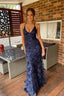 Navy Blue Mermaid Tulle And Sequins Long Classy Prom Dress With V Neckline And Lace Up Back