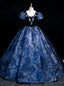 Navy Blue Puff Sleeve Beading Quinceanera Dress