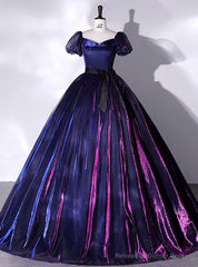 Navy Blue Purple Tulle Puff Sleeve Quinceanera Dress