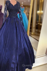 Navy Blue Satin Ball Gown Evening Prom Dress Lace Long Sleeves