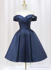 Navy Blue Satin Off Shoulder Knee Length Party Dress, Navy Blue Homecoming Dress