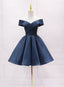Navy Blue Satin Off Shoulder Short Graduation Dress, Blue Satin Classy Prom Dress