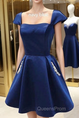Navy Blue Satin Short A-Line Homecoming Dress With Cap Sleeves And Beaded Pockets