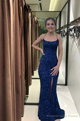 Navy Blue Sequin Long Prom Dresses Mermaid Cross Back Evening Party Dresses