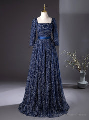 Navy Blue Sequins Long Sleeve Square Prom Dress