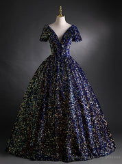 Navy Blue Sequins Short Sleeve Quinceanera Dress