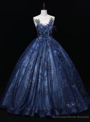 Navy Blue Sequins Tulle Appliques Quinceanera Dress