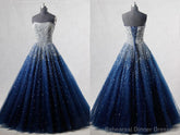 Navy Blue Strapless Floor Length Prom Ball Gown with Beading Sequins, Prom Dresses,Formal Dresses