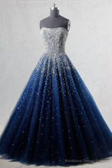 Navy Blue Strapless Floor Length Prom Ball Gown with Beading Sequins, Prom Dresses,Formal Dresses