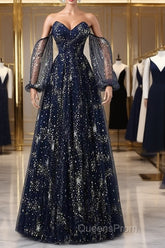 Navy Blue Tulle A-Line Long Party Dress Evening Dress, Navy Blue Long Evening Prom Dress