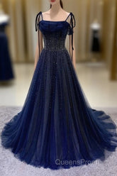 Navy Blue Tulle Beaded Long Evening Prom Dress Evening Dress