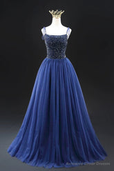 Navy Blue Tulle Beads Long A-Line Prom Dress, Elegant Spaghetti Strap Backless Evening Dress