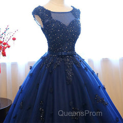 Navy Blue Tulle Cap Sleeves Quinceanera Dress, Blue Beaded Ball Gown Party Dress