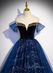 Navy Blue Tulle Off Shoulder Beaded Long Party Dress, Navy Blue Tulle Evening Prom Dress