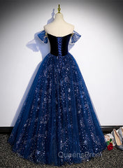 Navy Blue Tulle Off Shoulder Beaded Long Party Dress, Navy Blue Tulle Evening Prom Dress