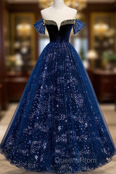 Navy Blue Tulle Off Shoulder Beaded Long Party Dress, Navy Blue Tulle Evening Prom Dress