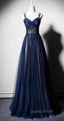 Navy Blue Tulle V Neck Long Women Evening Prom Dress, Lace Up Evening Dress