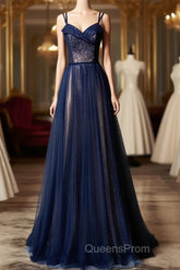 Navy Blue Tulle V Neck Long Women Evening Prom Dress, Lace Up Evening Dress