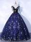 Navy Blue Tulle V-neck Print Quinceanera Dress