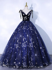 Navy Blue Tulle V-neck Print Quinceanera Dress