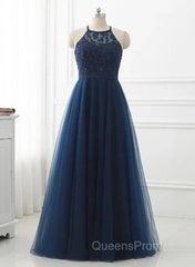 Navy Blue Tulle With Lace Applique Long Party Dress Evening Prom Dress Sleeveless Elegant
