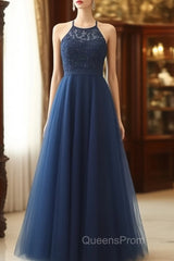 Navy Blue Tulle With Lace Applique Long Party Dress Evening Prom Dress Sleeveless Elegant
