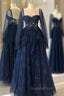Navy Blue Tulle With Lace Long Sleeves Evening Prom Dress, Navy Blue Party Dress