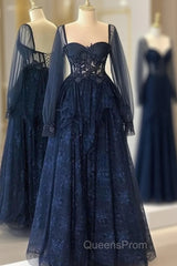 Navy Blue Tulle With Lace Long Sleeves Evening Prom Dress, Navy Blue Party Dress