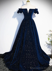 Navy Blue Velvet Off Shoulder Long Party Dress, Navy Blue Prom Dress Formal Dress
