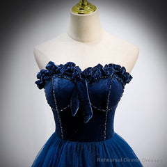 Navy Blue Velvet Top and Tulle Long Formal Dress, Blue Sweetheart Prom Dress