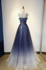 Navy Gradient A Line Tulle Long Formal Evening Prom Dress