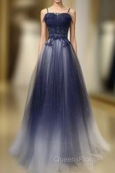 Navy Gradient A Line Tulle Long Formal Evening Prom Dress