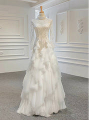 Never Miss Out On White Sheath Tulle High Neck Long Sleeve Beading Wedding Dress