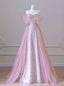 New Arrival A line Off The Shoulder Short Sleeves Pleated Sequin Pink Floor Length Prom Dresses