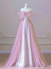 New Arrival A line Off The Shoulder Short Sleeves Pleated Sequin Pink Floor Length Prom Dresses