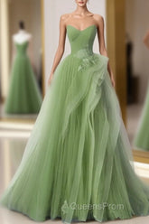 New Arrival A-Line Tulle Lace Green Long Evening Prom Dress, Green Lace Long Formal Dress