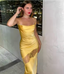 Yellow New Lace Spaghetti Straps Sexy Backless Mid-Length Elegant Satin Classy Prom Dress Classy Evening Dress Party Dress